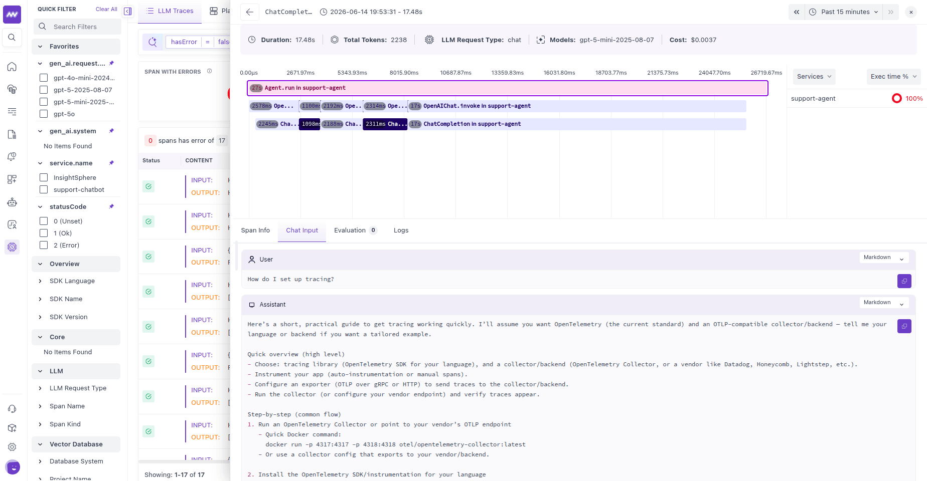A support-agent trace waterfall showing the agent run over the search_docs tool call and ChatCompletion LLM spans, with the chat input and output below