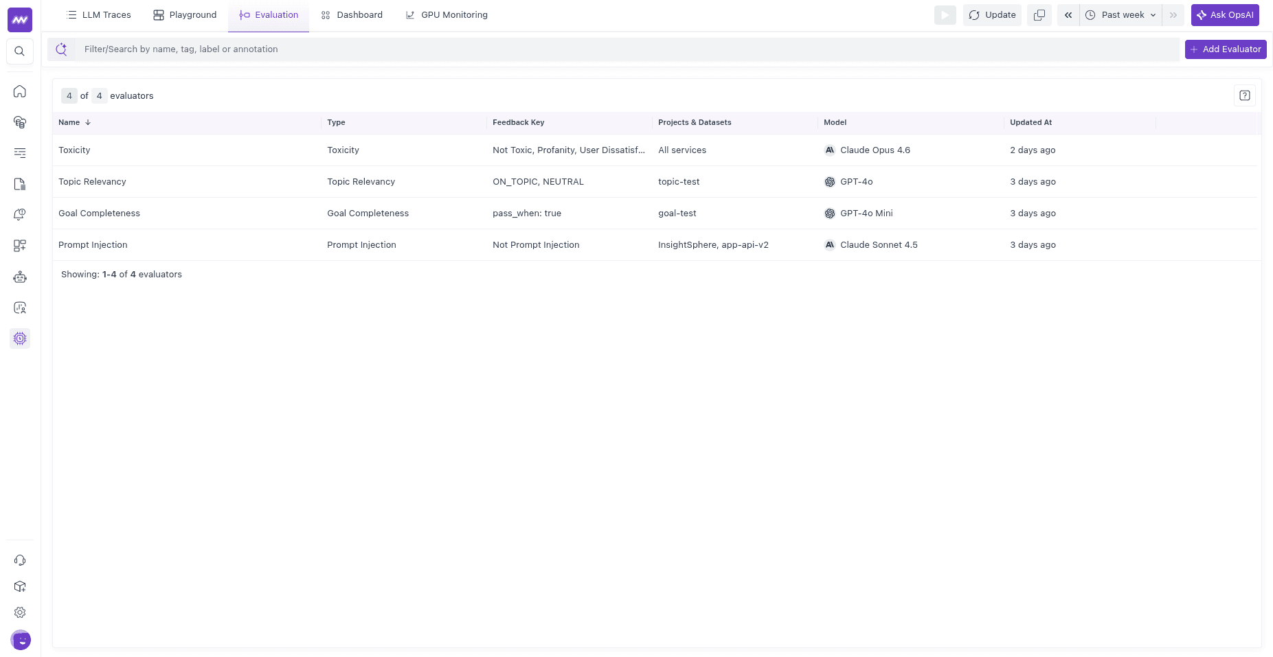 Middleware Evaluation page listing evaluators with their type, feedback key, scope, and judge model