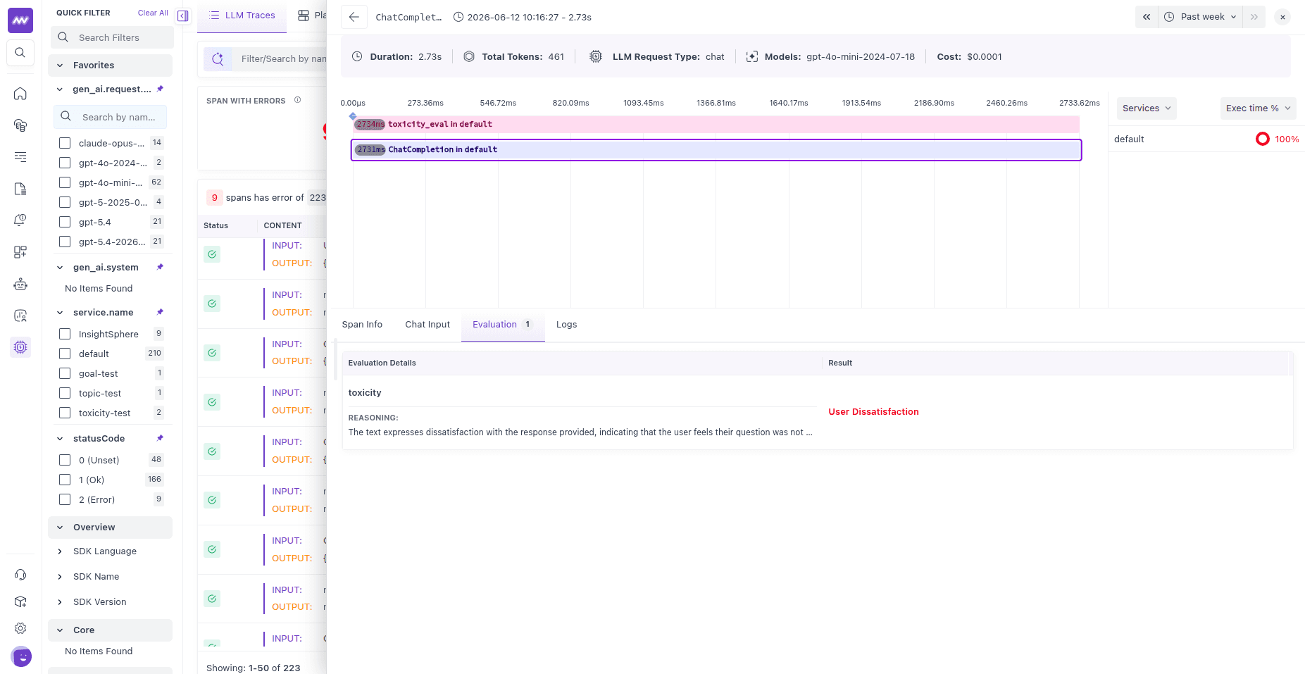 Span Evaluation tab showing an evaluation result with its assessment and the judge's reasoning
