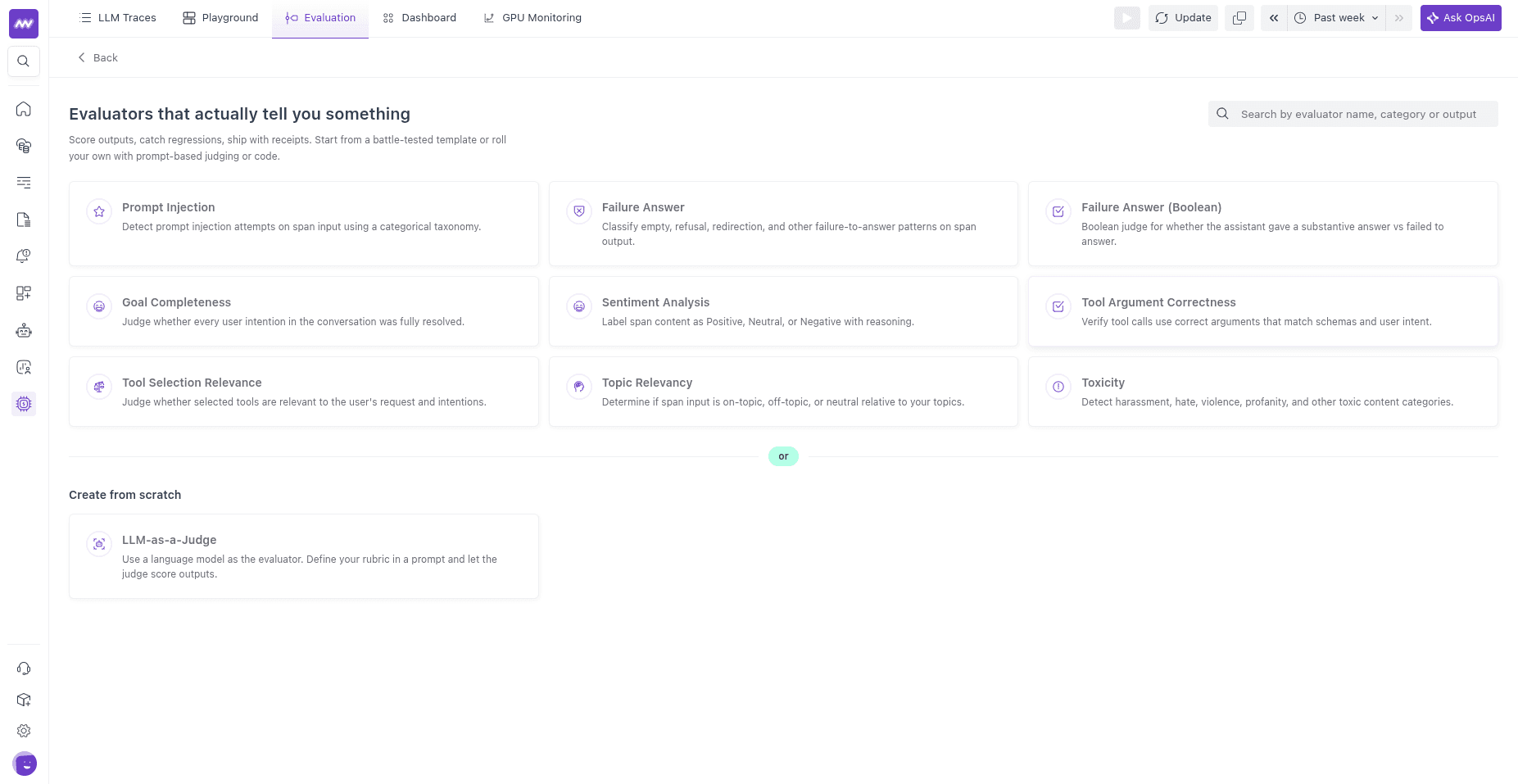 Add Evaluator template gallery with built-in templates and a create-from-scratch LLM-as-a-Judge option