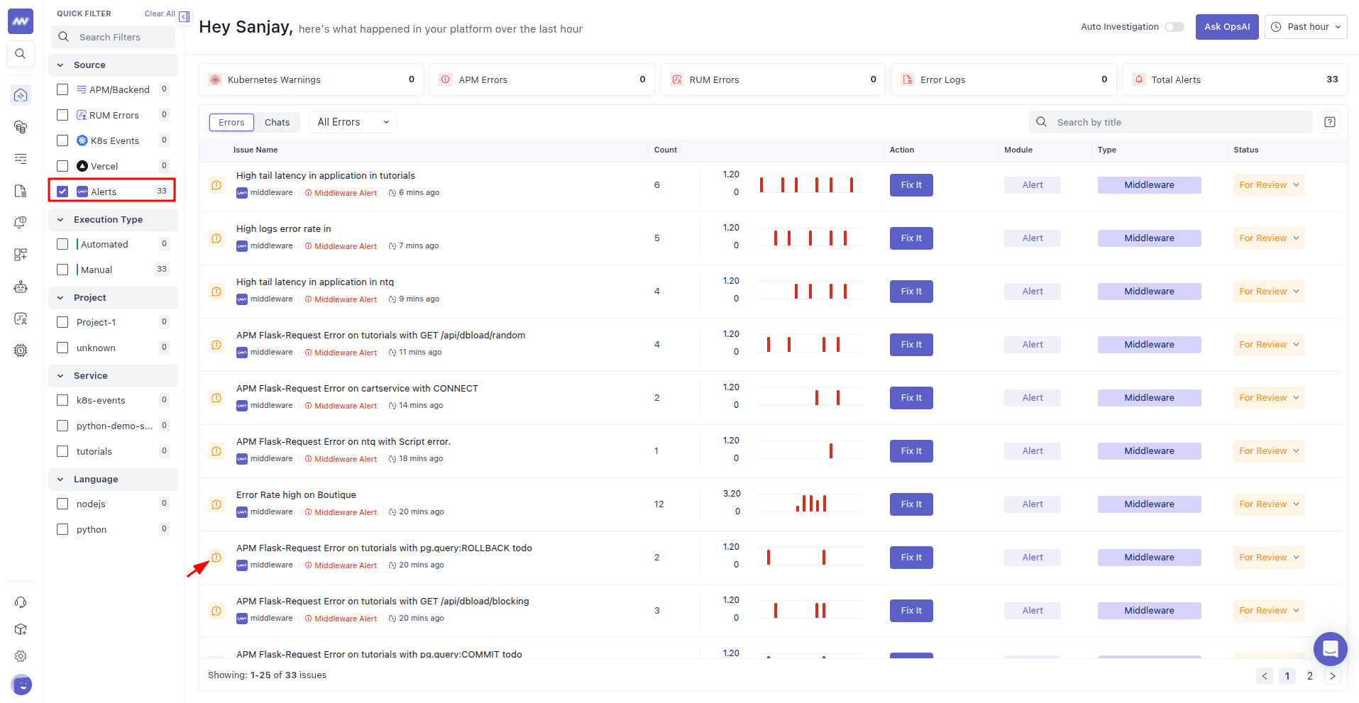 OpsAI alerts listing with critical alerts