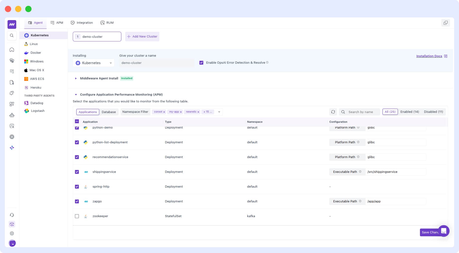 Middleware UI showing detected workloads for auto-instrumentation