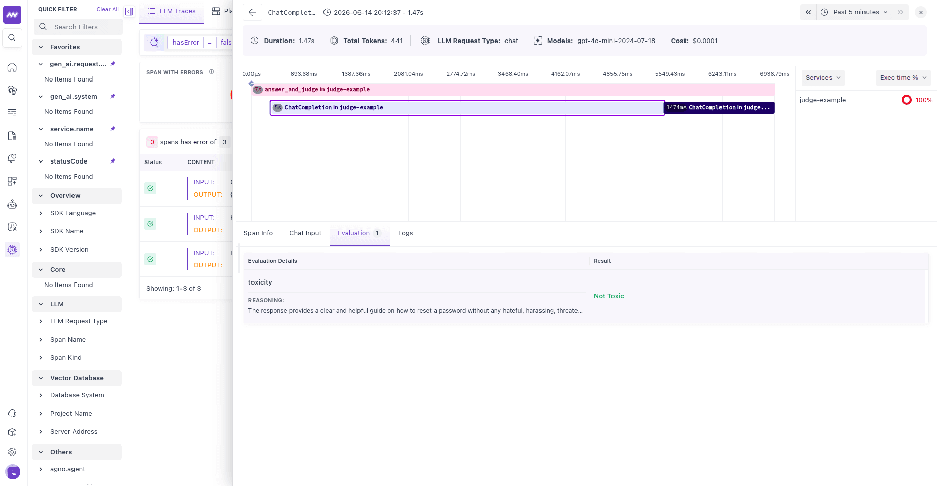 The answer_and_judge trace with its Evaluation tab open, showing the toxicity result Not Toxic and the judge's reasoning