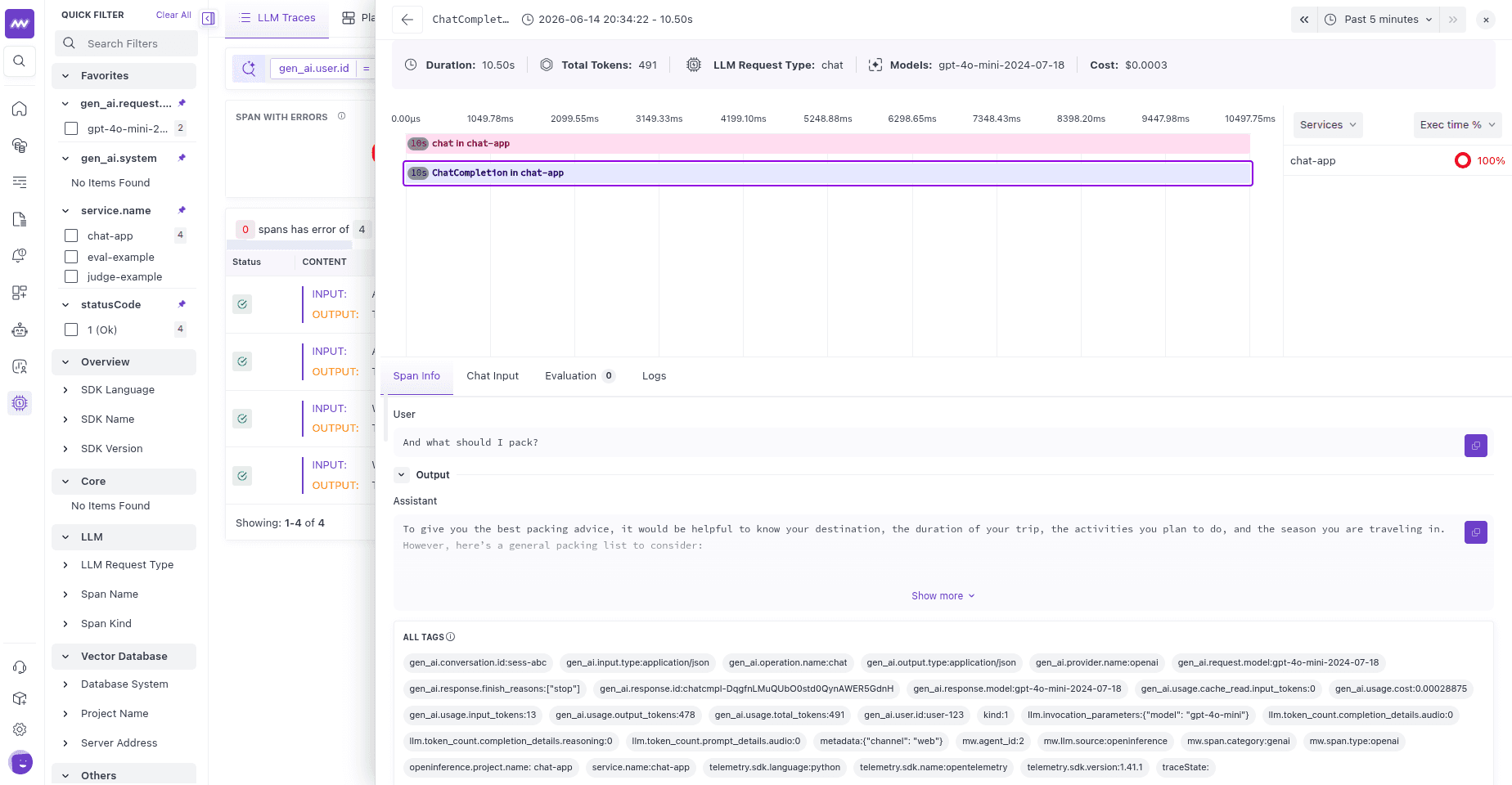 A chat trace with the chat span over the ChatCompletion span, showing the session and user attributes