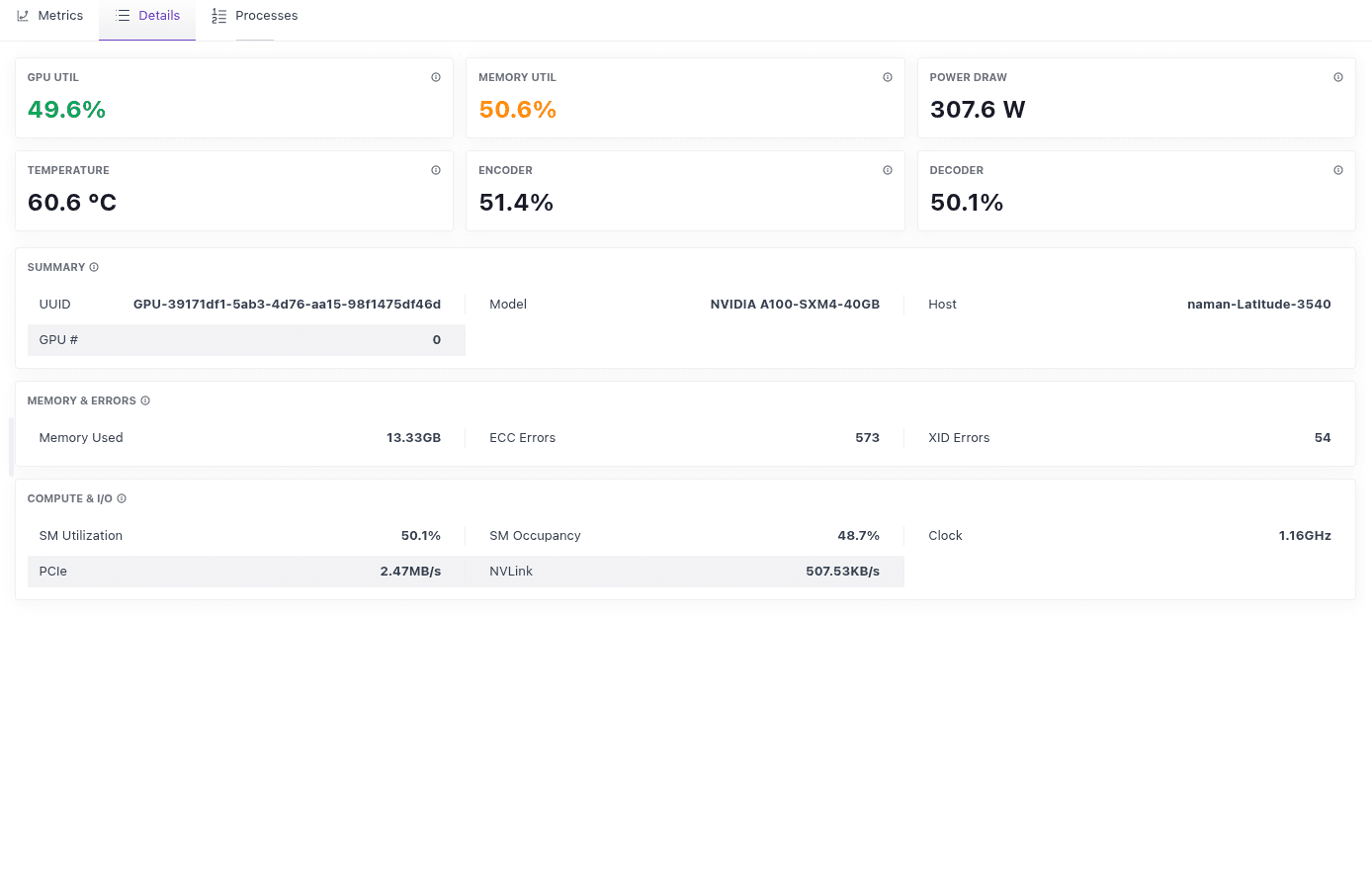 Per-GPU details tab with current utilization, memory, power, summary, errors, and compute and I/O sections