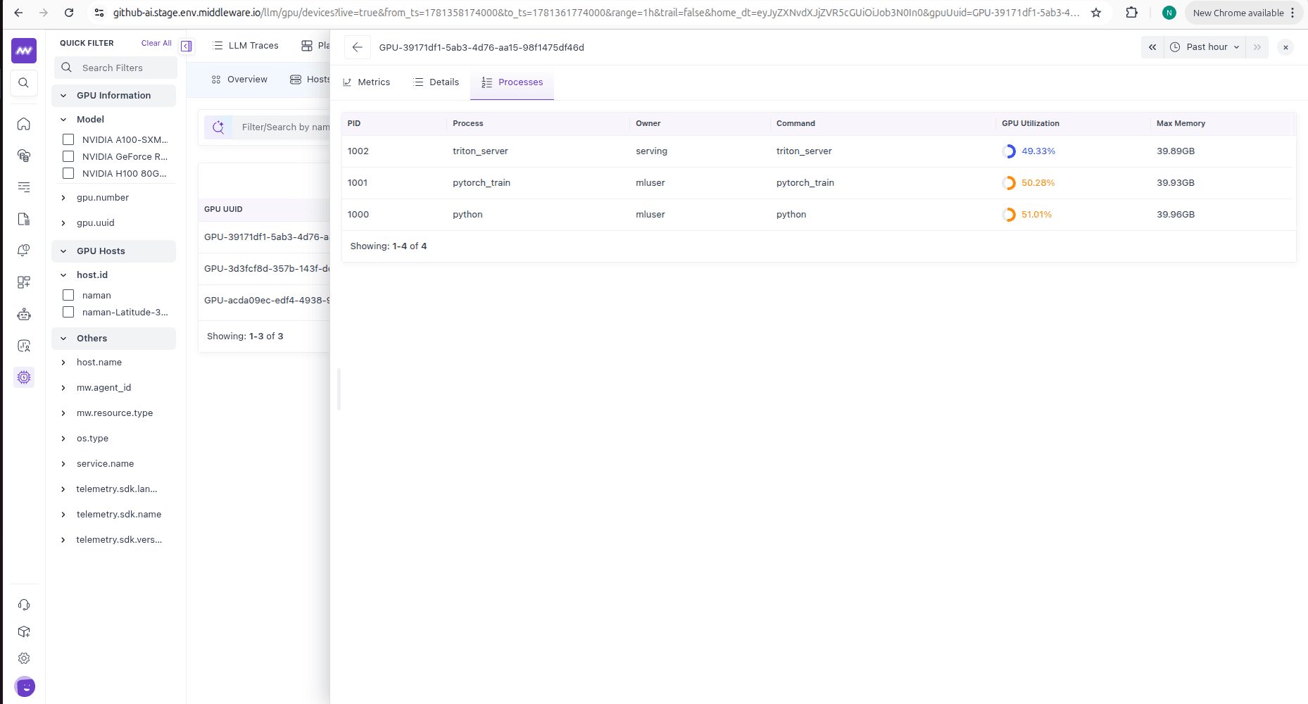Per-GPU processes tab listing PID, process, owner, command, GPU utilization, and max memory