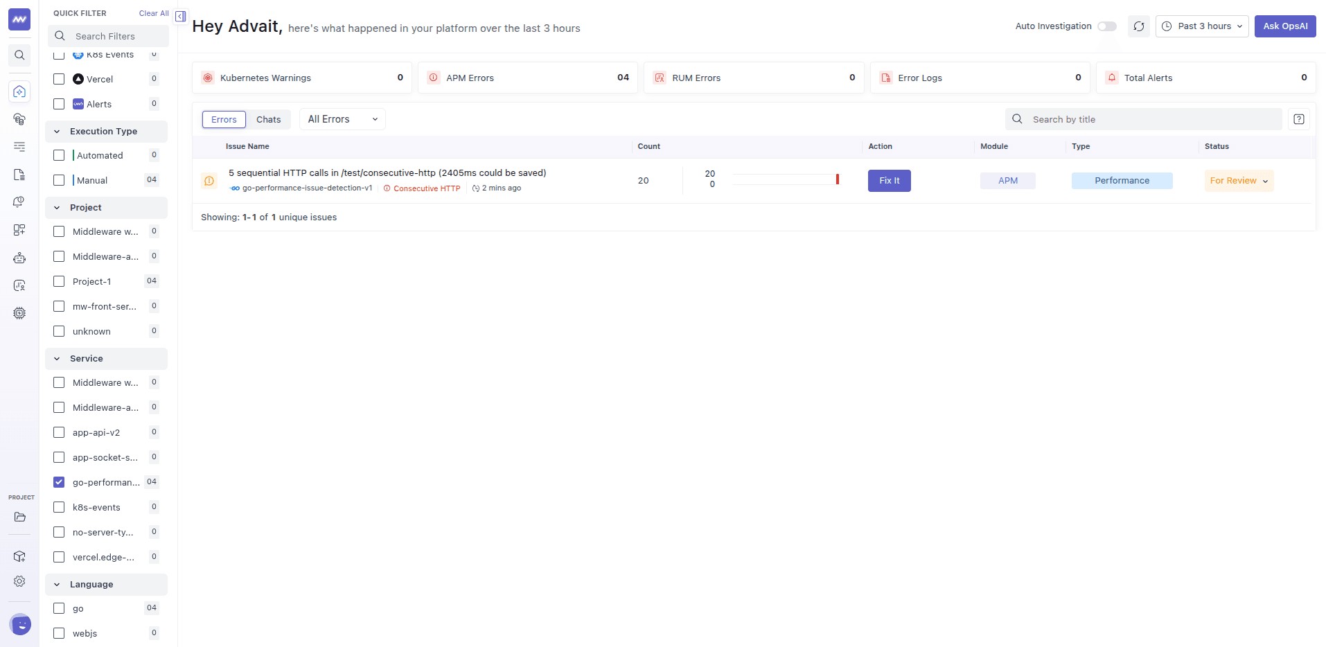 A Consecutive HTTP issue in the OpsAI issue list