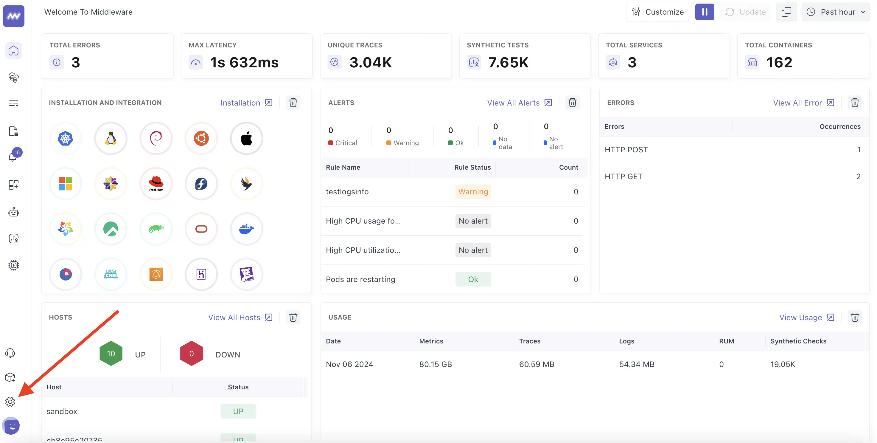 Middleware Projects settings page with project list and management options