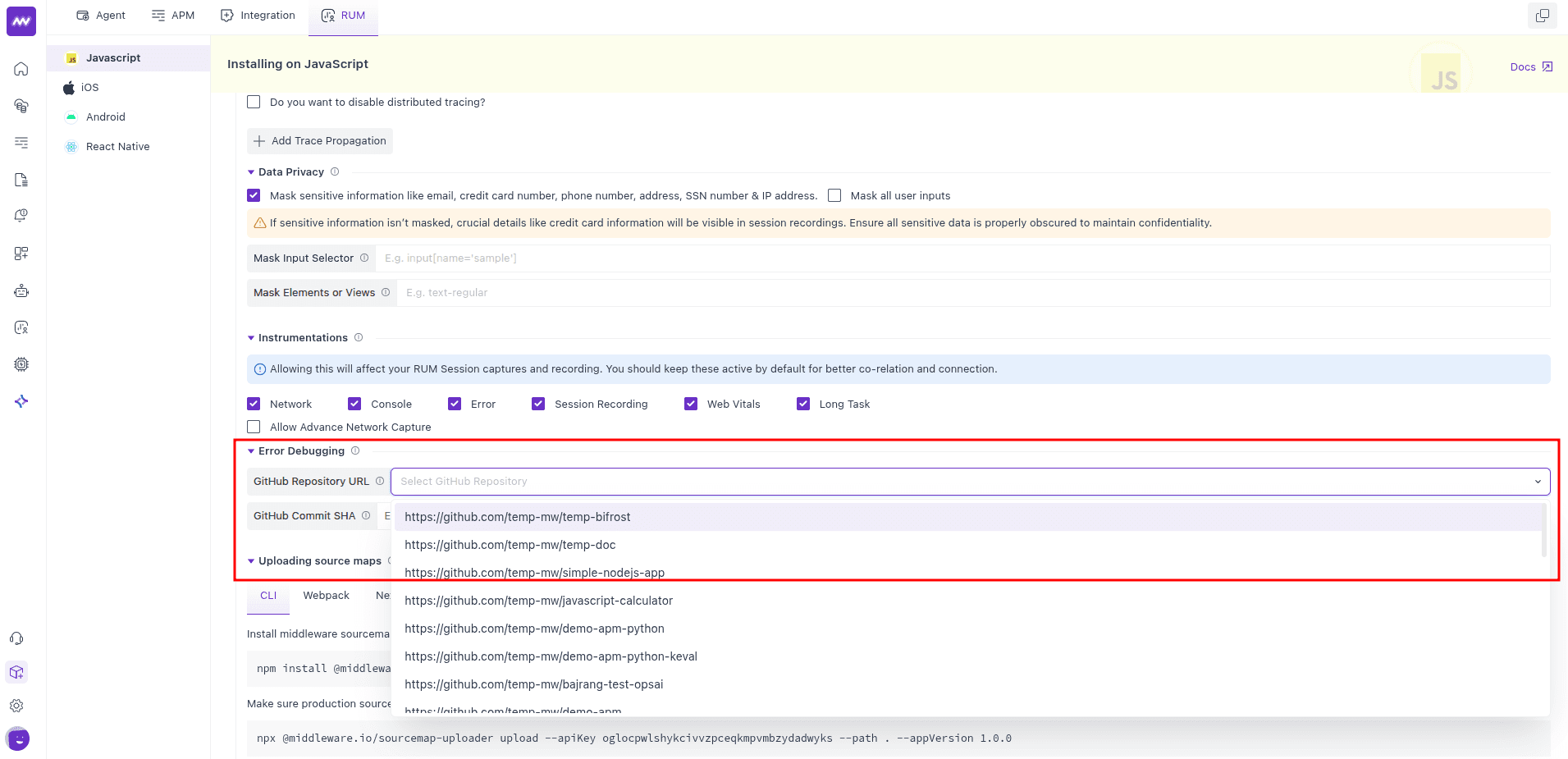 Middleware Javascript RUM: VCS Information