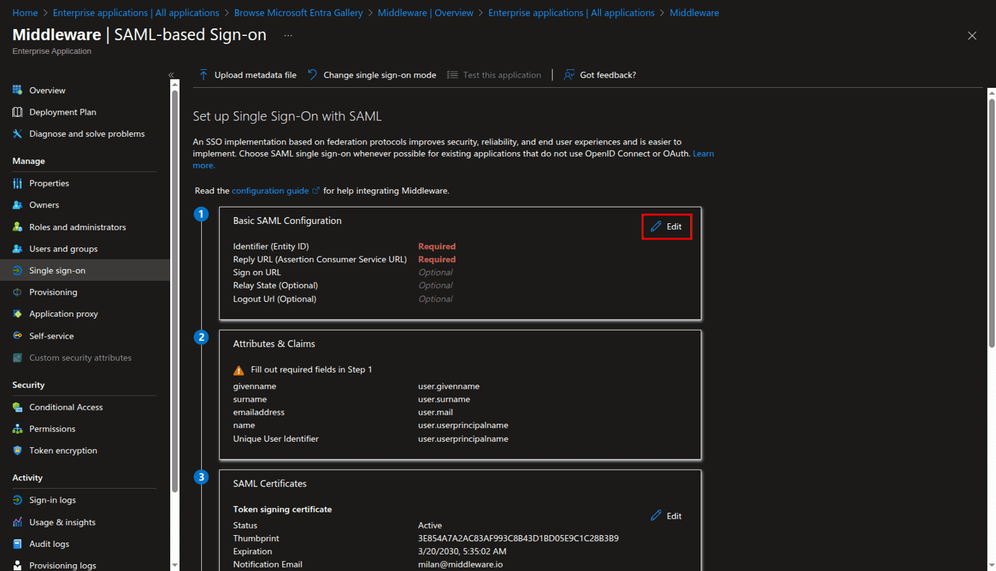 Enable SSO for Middleware in Microsoft Entra ID