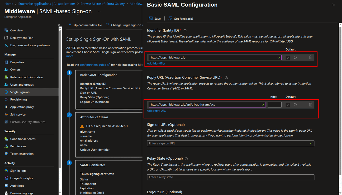 Enable SSO for Middleware in Microsoft Entra ID