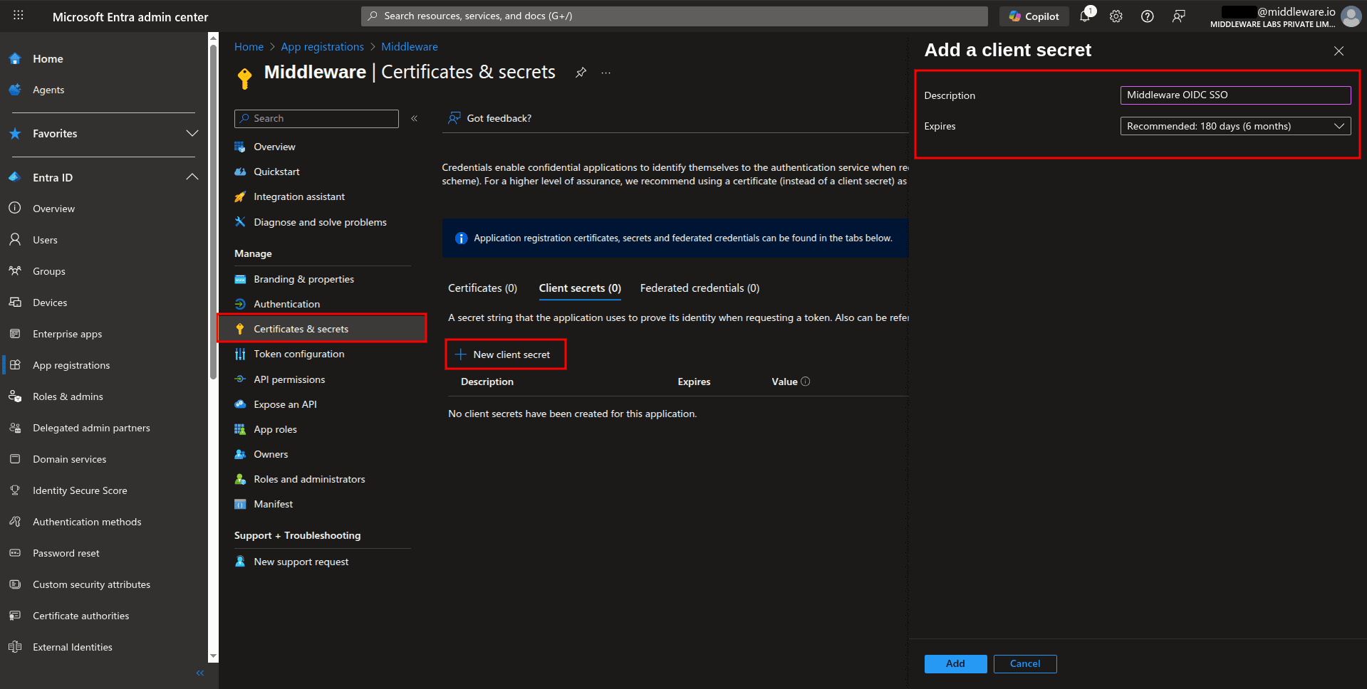 Configure Microsoft Entra ID integration in the Middleware