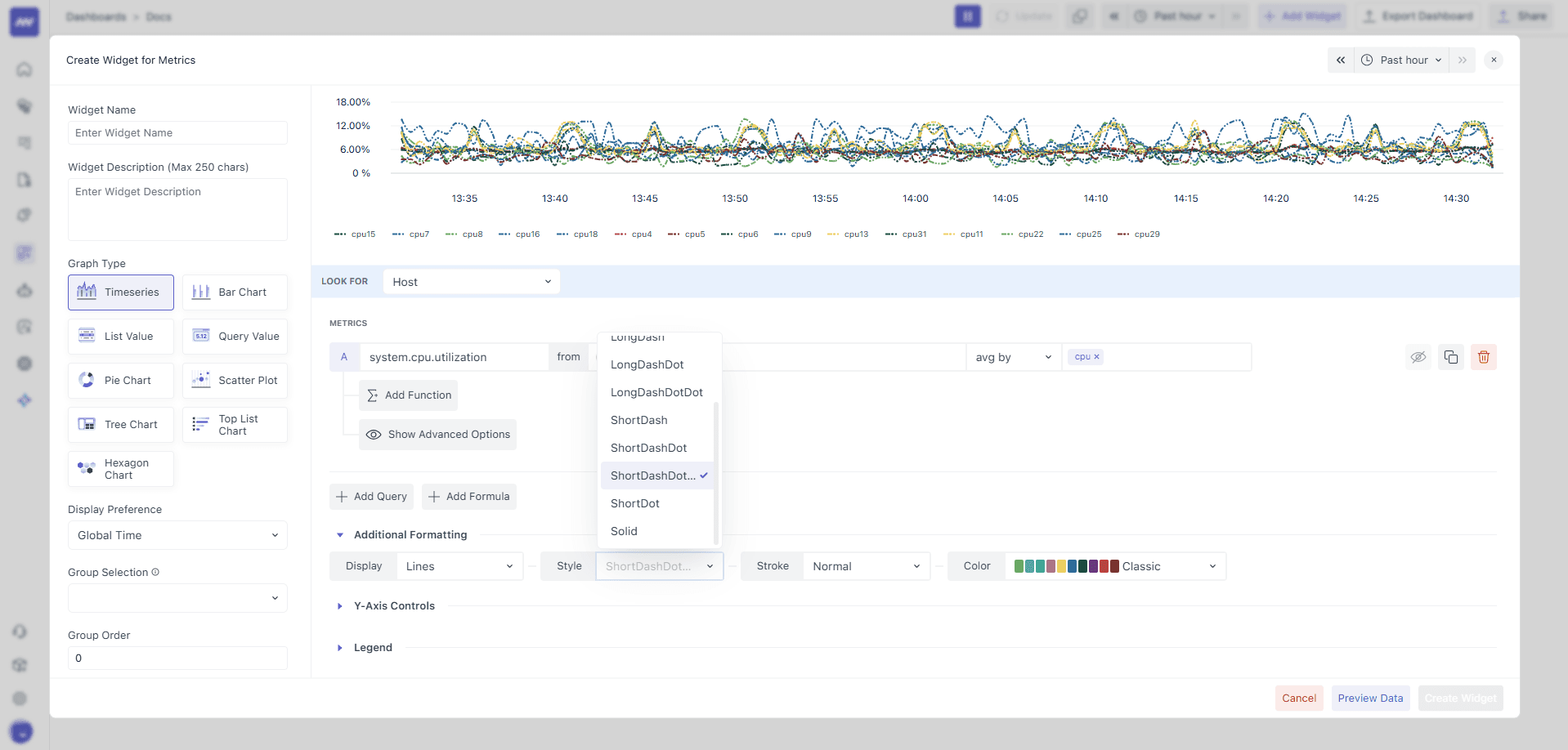 Chart style settings to adjust line, area, or bar visualizations.