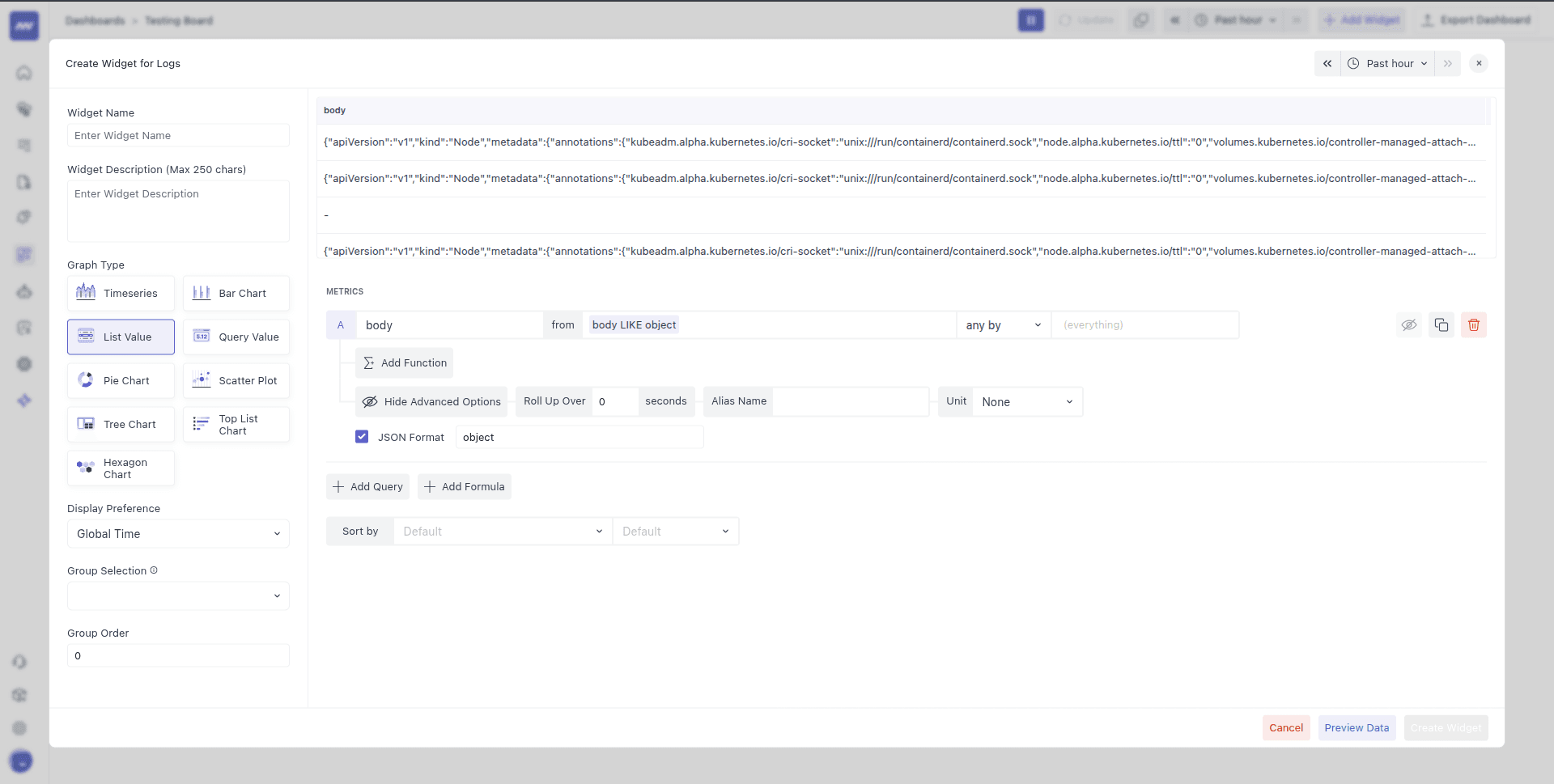 JSON view for editing widget data queries directly.