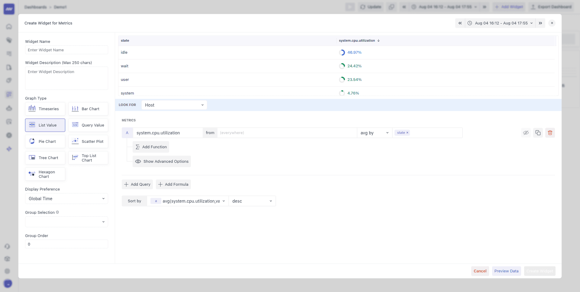 Sort data options to order results by value or timestamp.