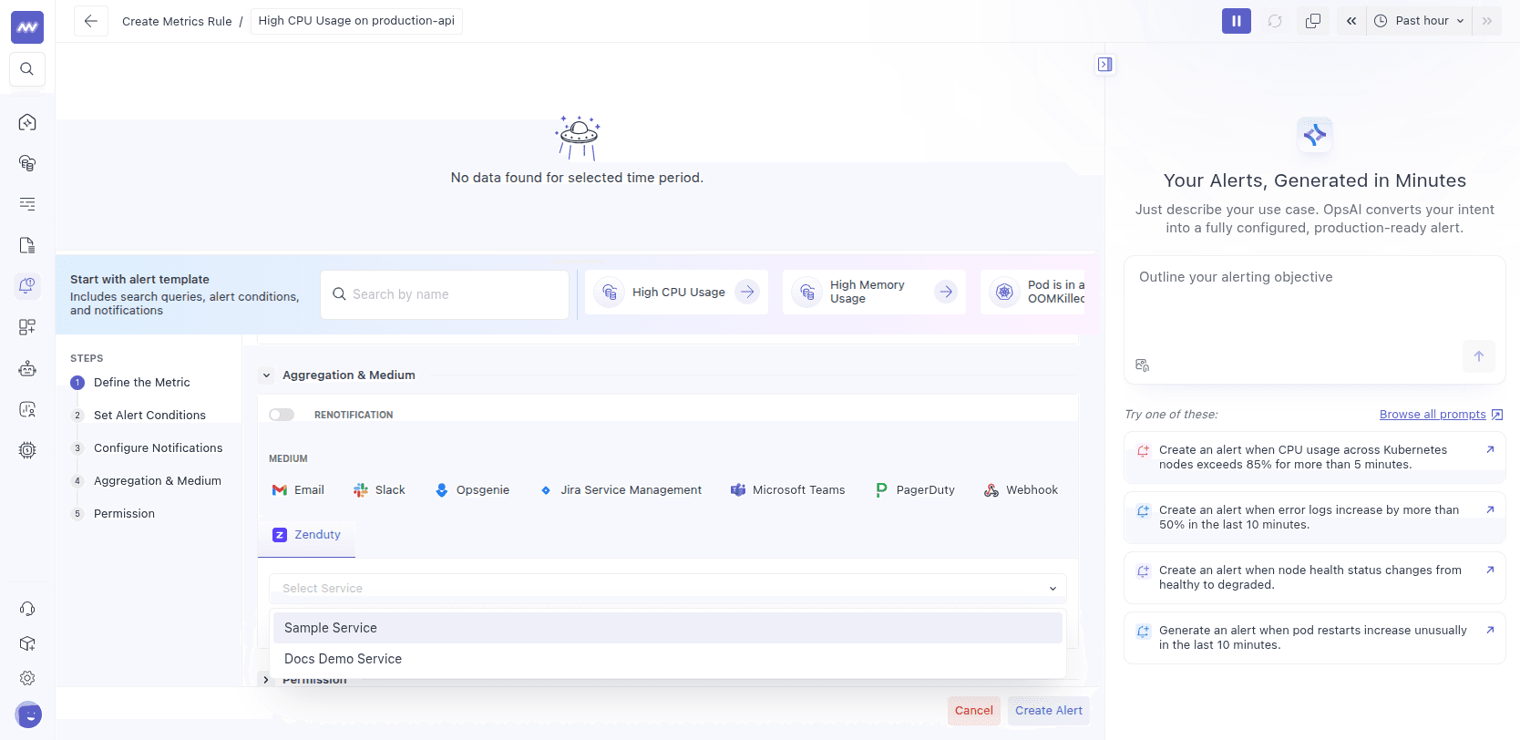 Selecting Zenduty as a notification medium on an alert rule