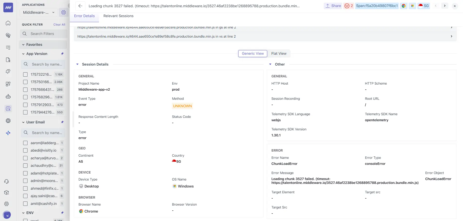 Generic error details page in Middleware RUM, providing an overview of error attributes and impact analysis.