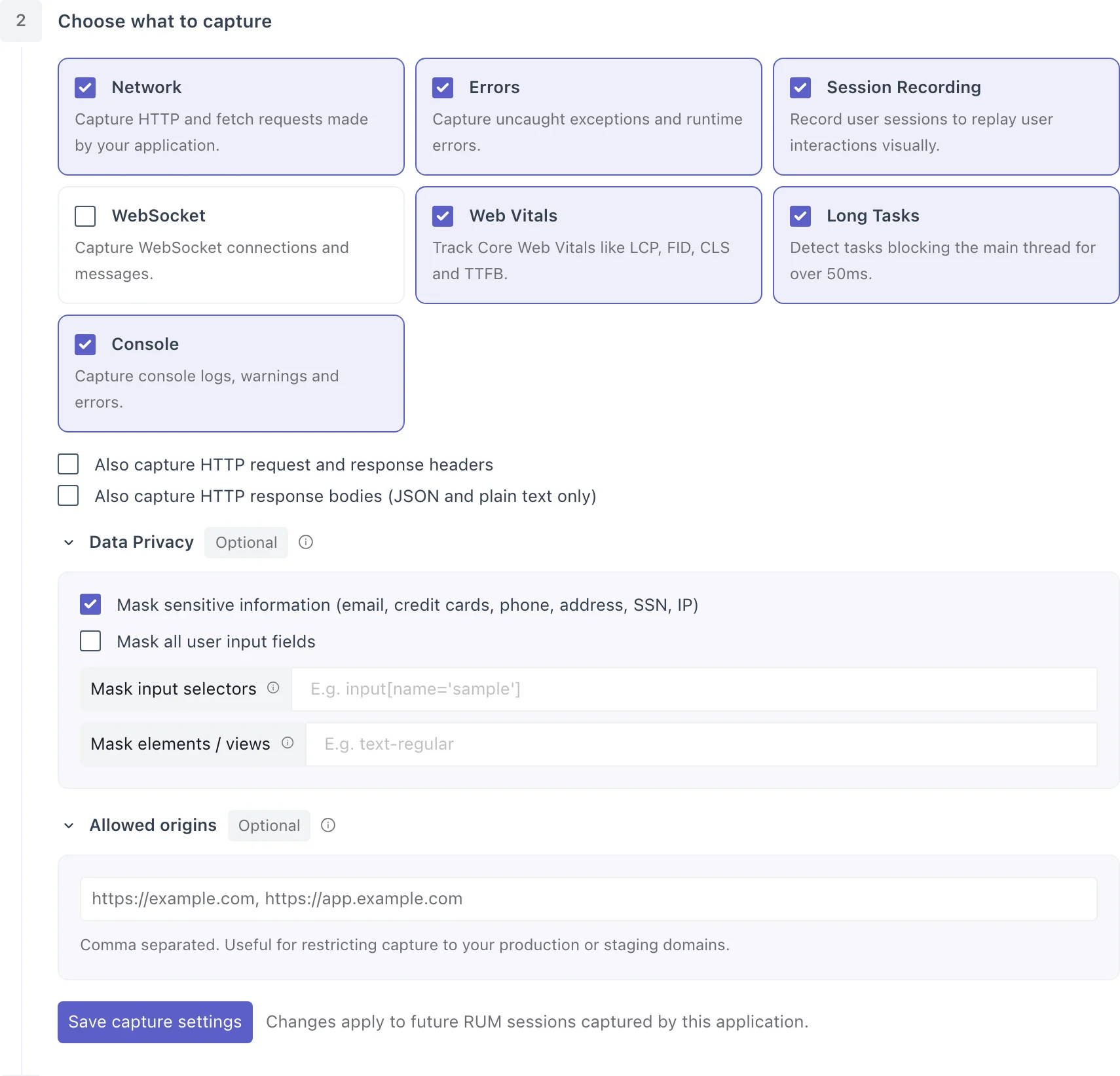 Choose what to capture step with the seven capture options, the network header and body checkboxes, and the Data Privacy and Allowed origins sections