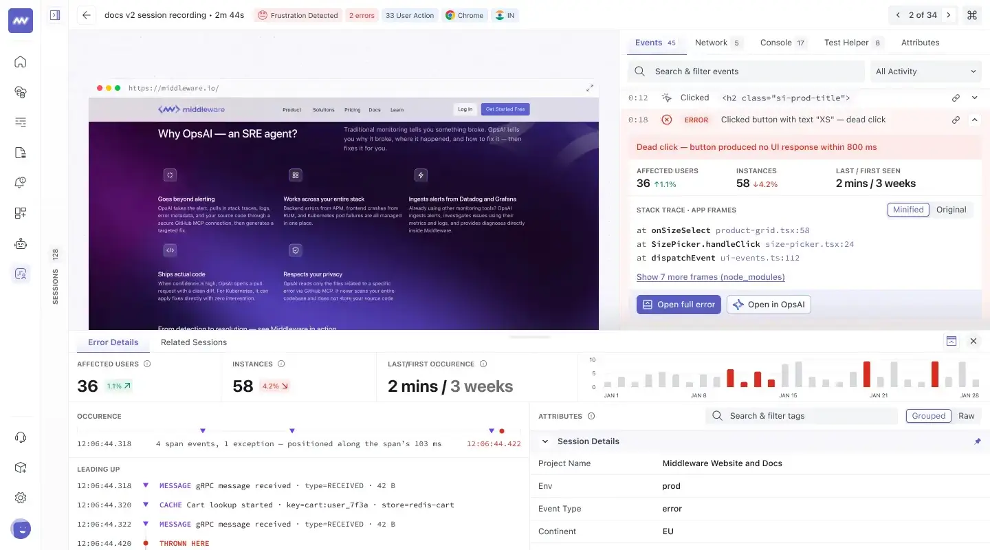 Session Inspector: error details with stack trace and related sessions