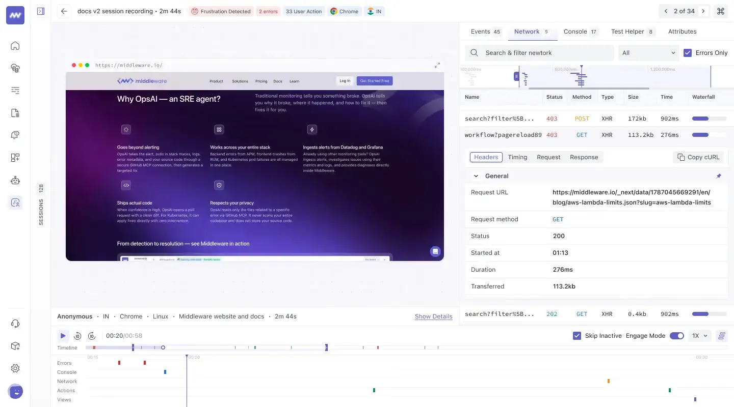 Session Inspector: network request headers, timing, request and response