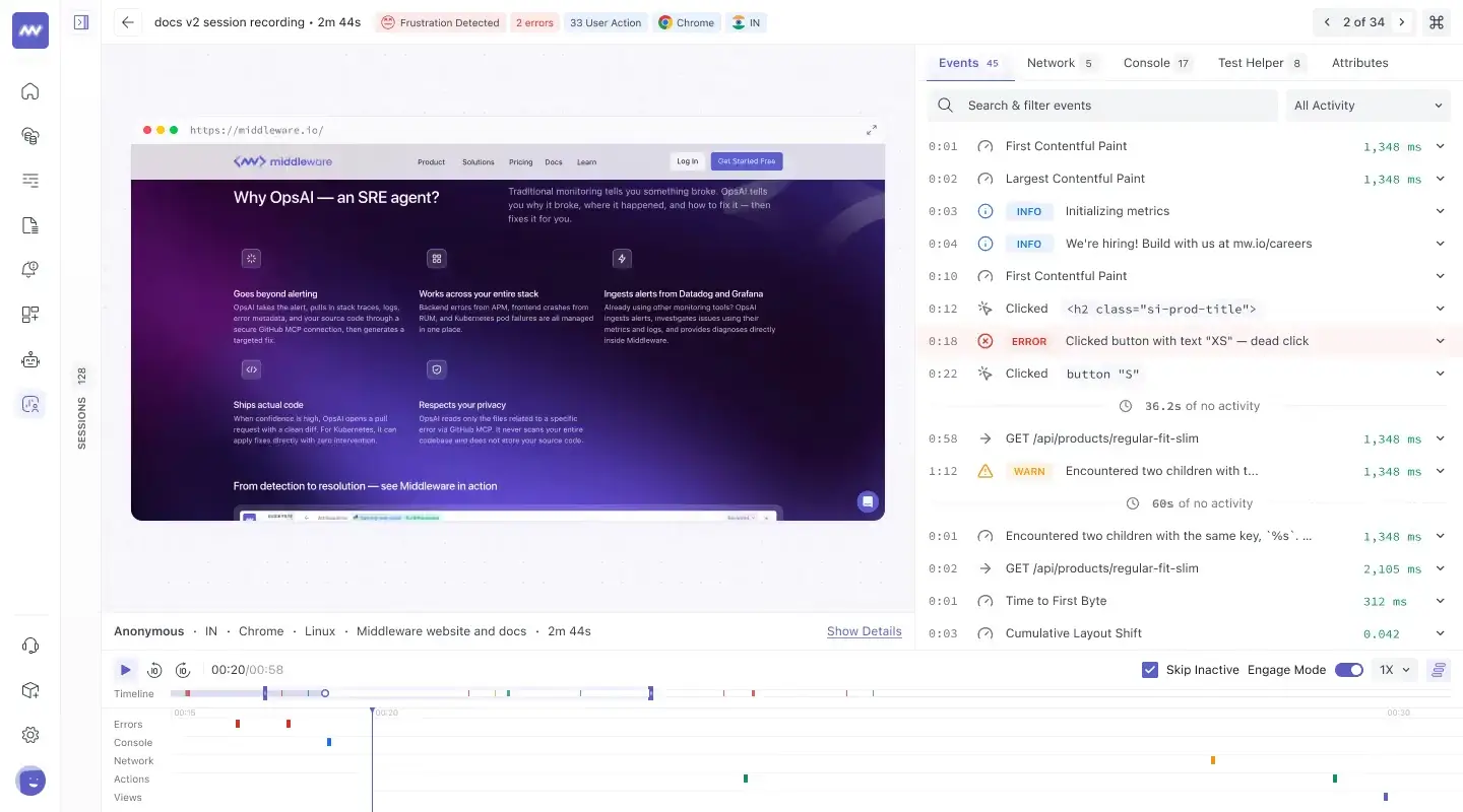 Session Inspector: replay, events panel and timeline for one session