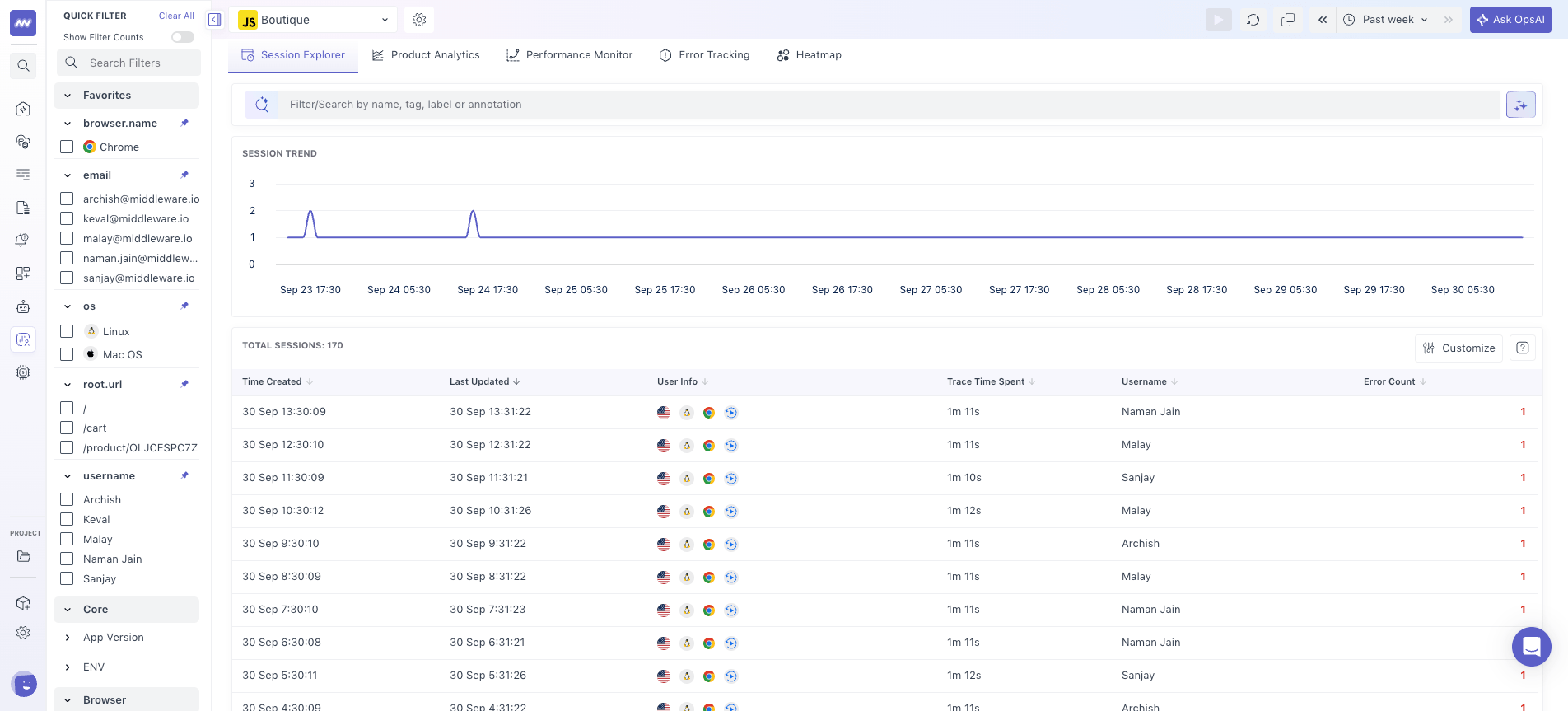 Session Explorer: session list with filters and error counts