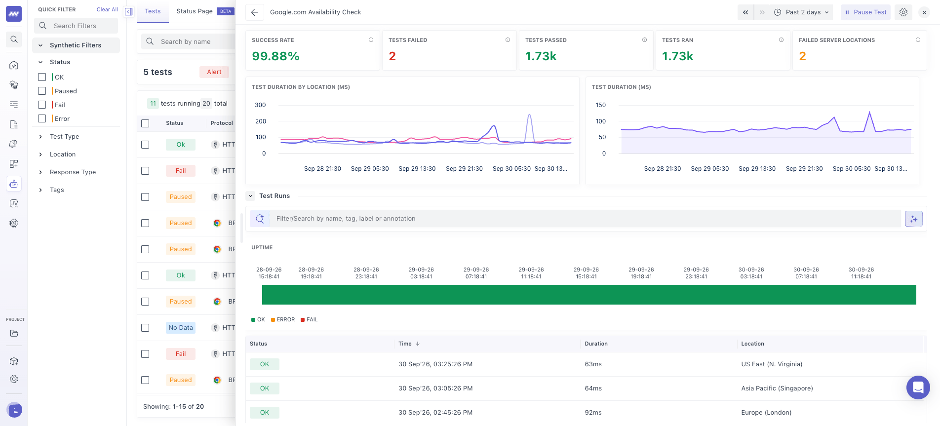 API test: test details and run history