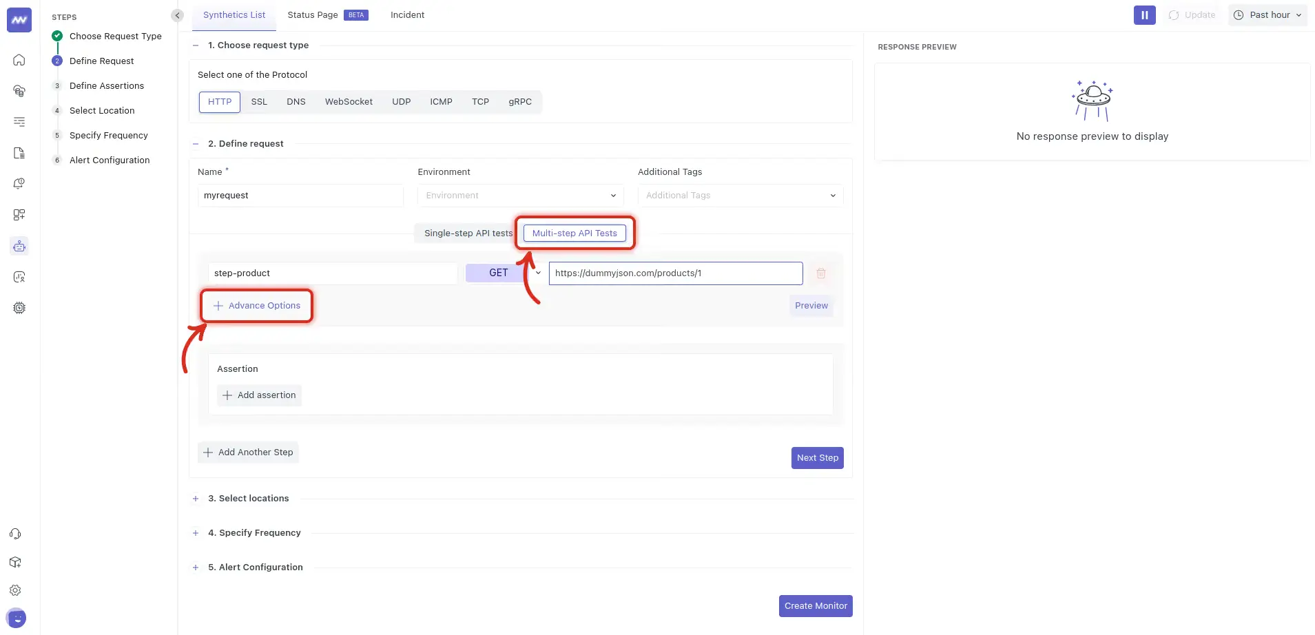 Multistep API test: configure advanced request options
