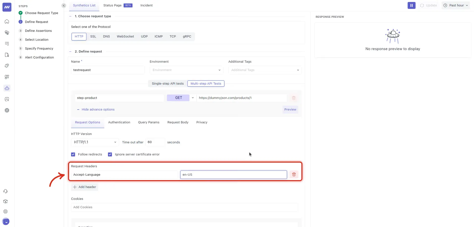 Multistep API test: configure the first step request