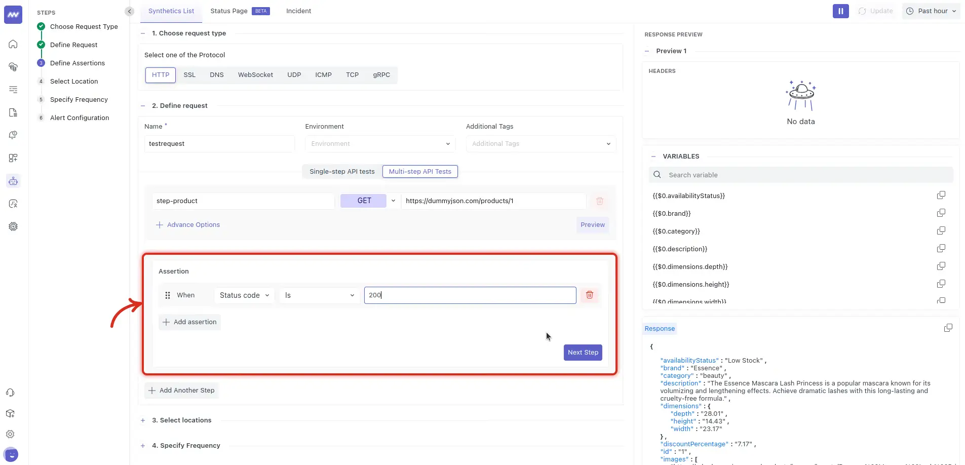 Multistep API test: define assertions