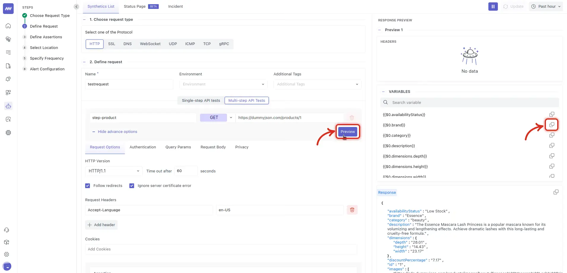 Multistep API test: preview the request response, headers and variables