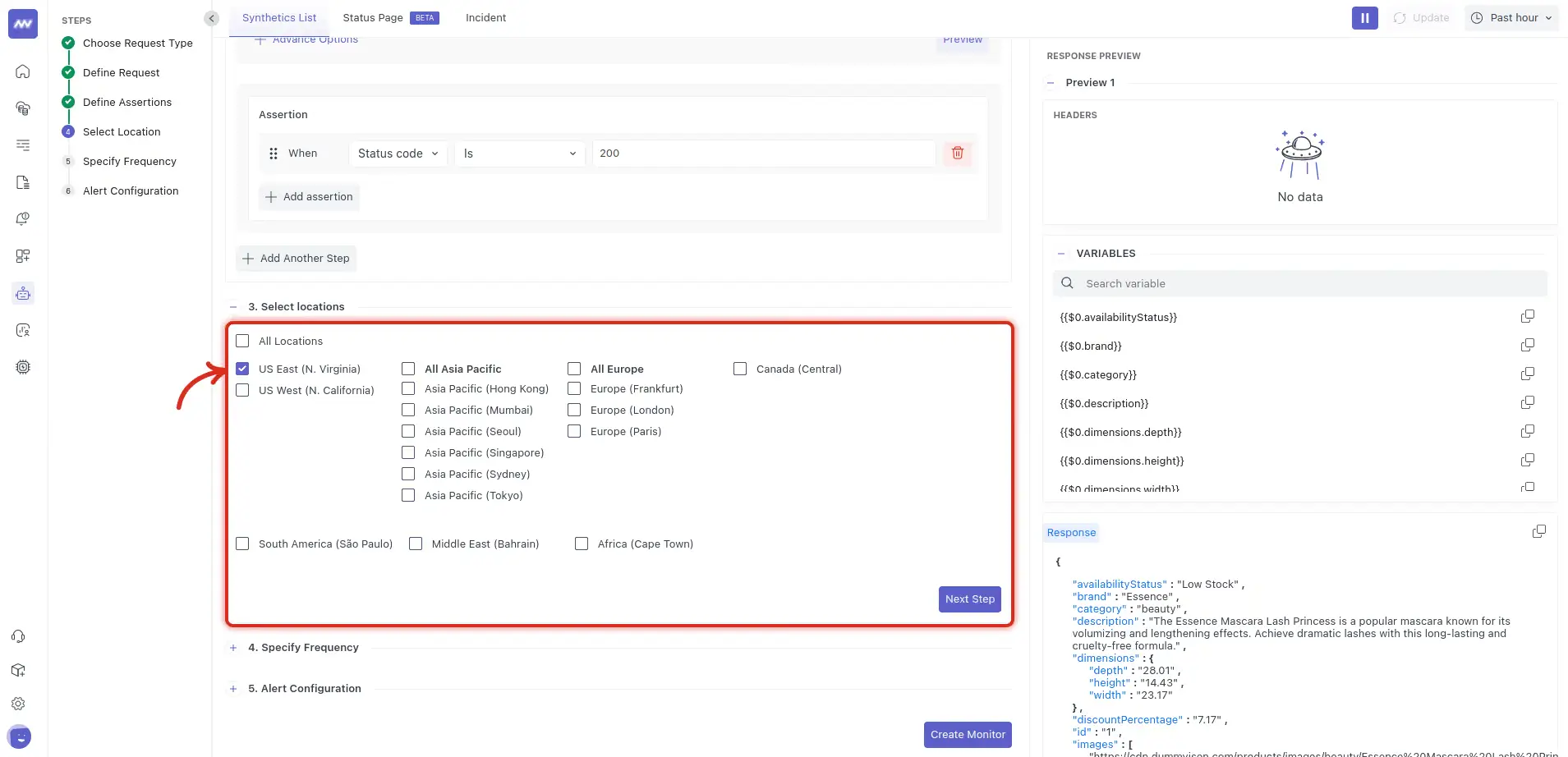 Multistep API test: select test locations