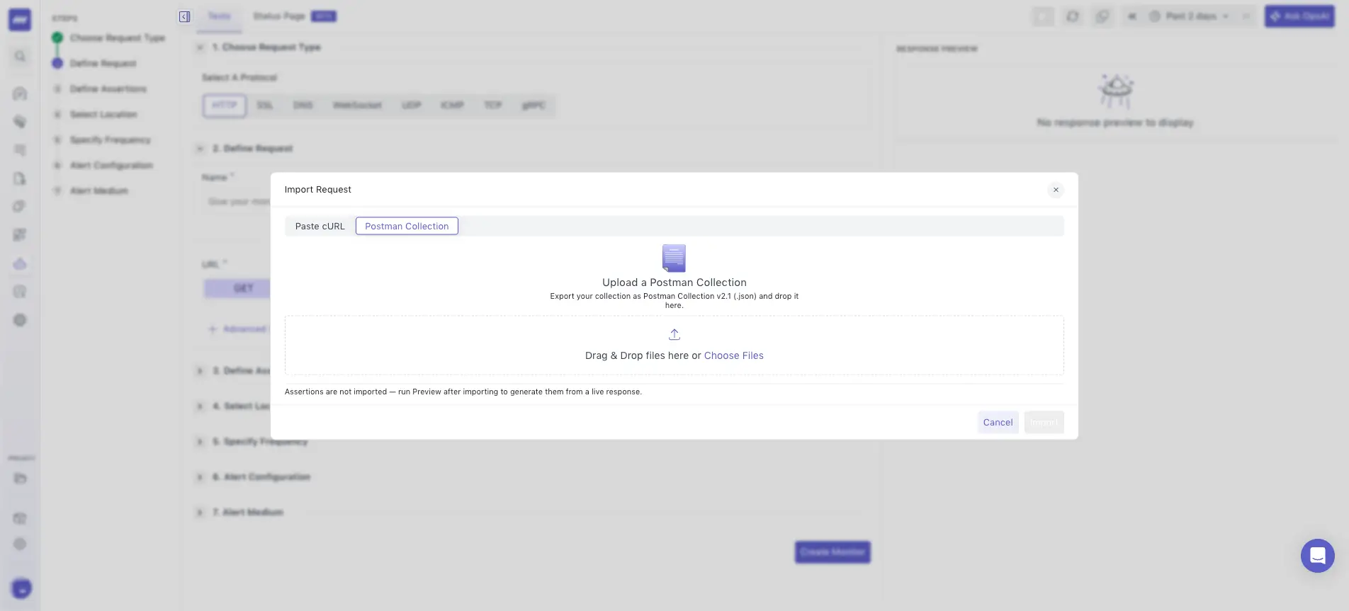 API test: import a test from cURL or Postman
