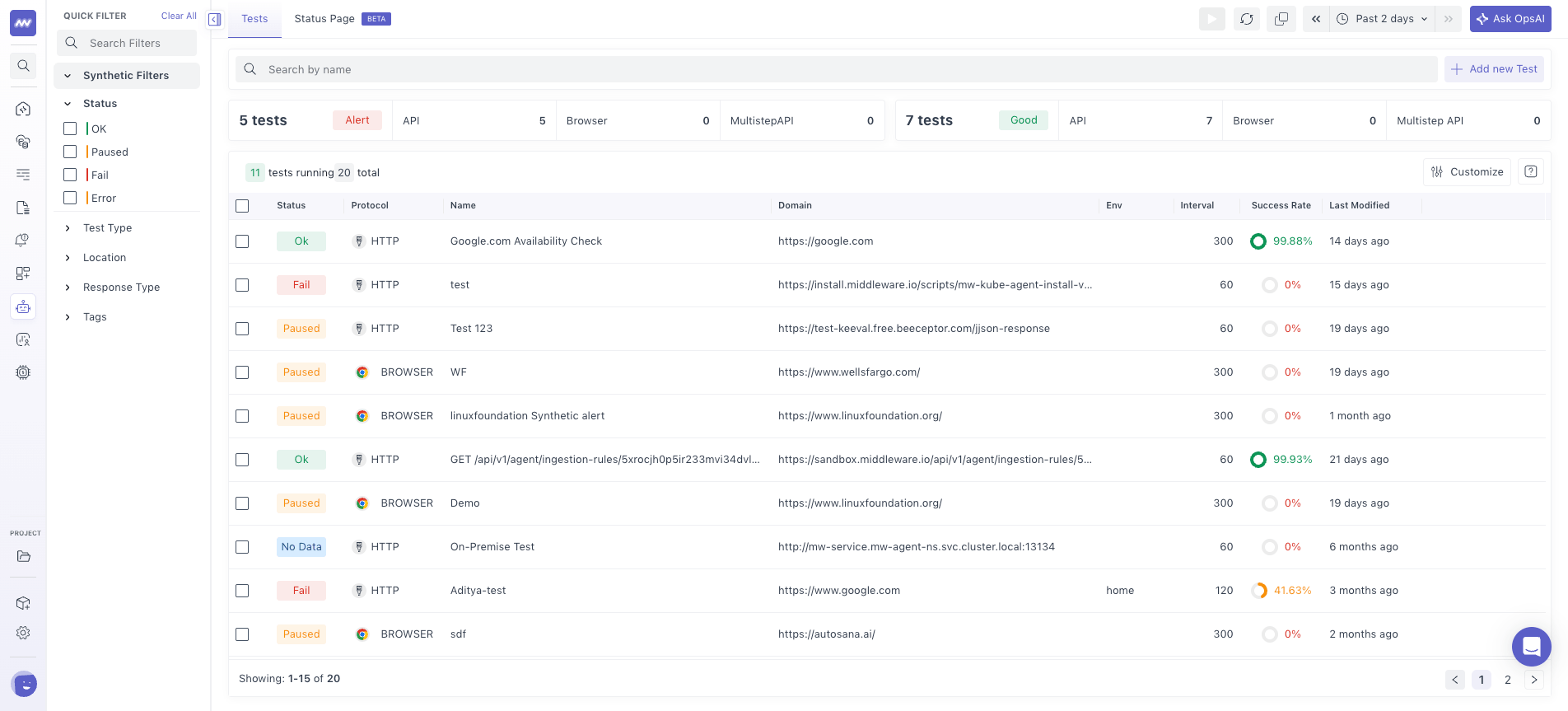 API test: view API tests list