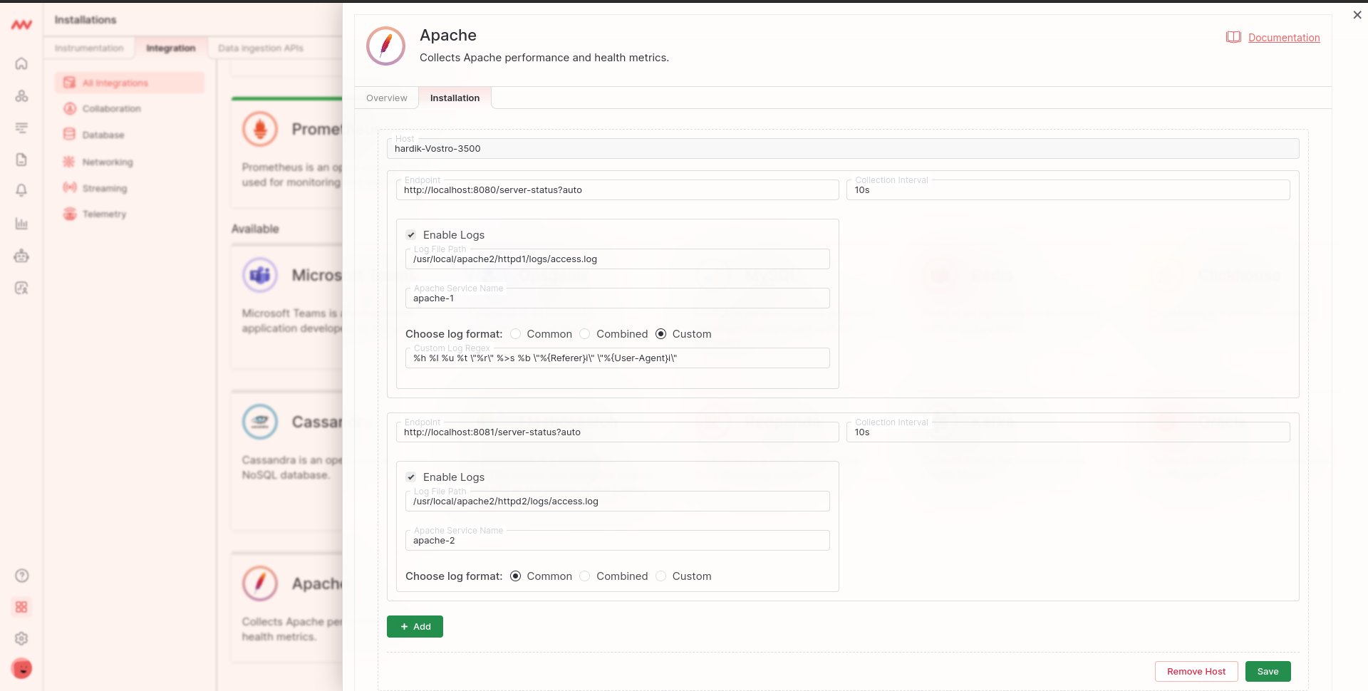 Apache Integration Screen