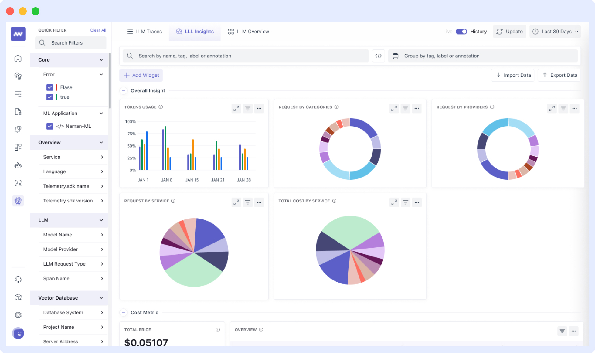 Detailed LLM Observability dashboard with trace and metric visualizations