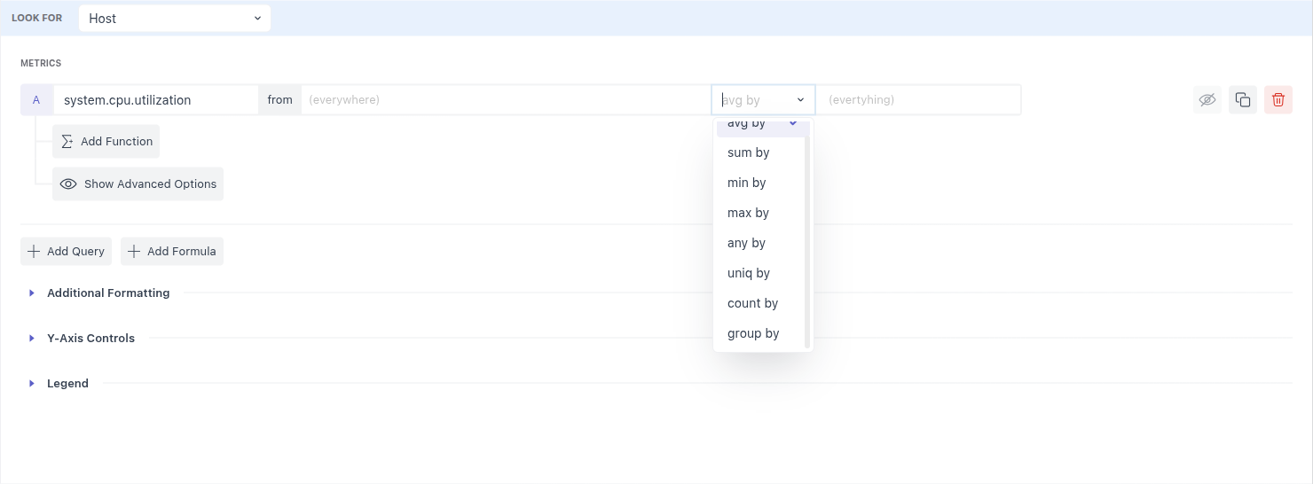 Aggregation settings for calculating summaries of data in a widget.