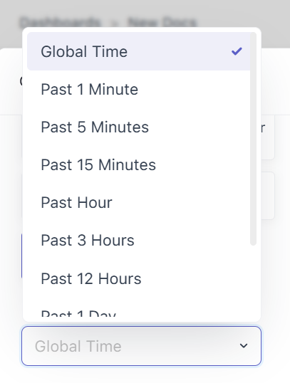 Global time picker for setting the time range across all dashboard widgets.