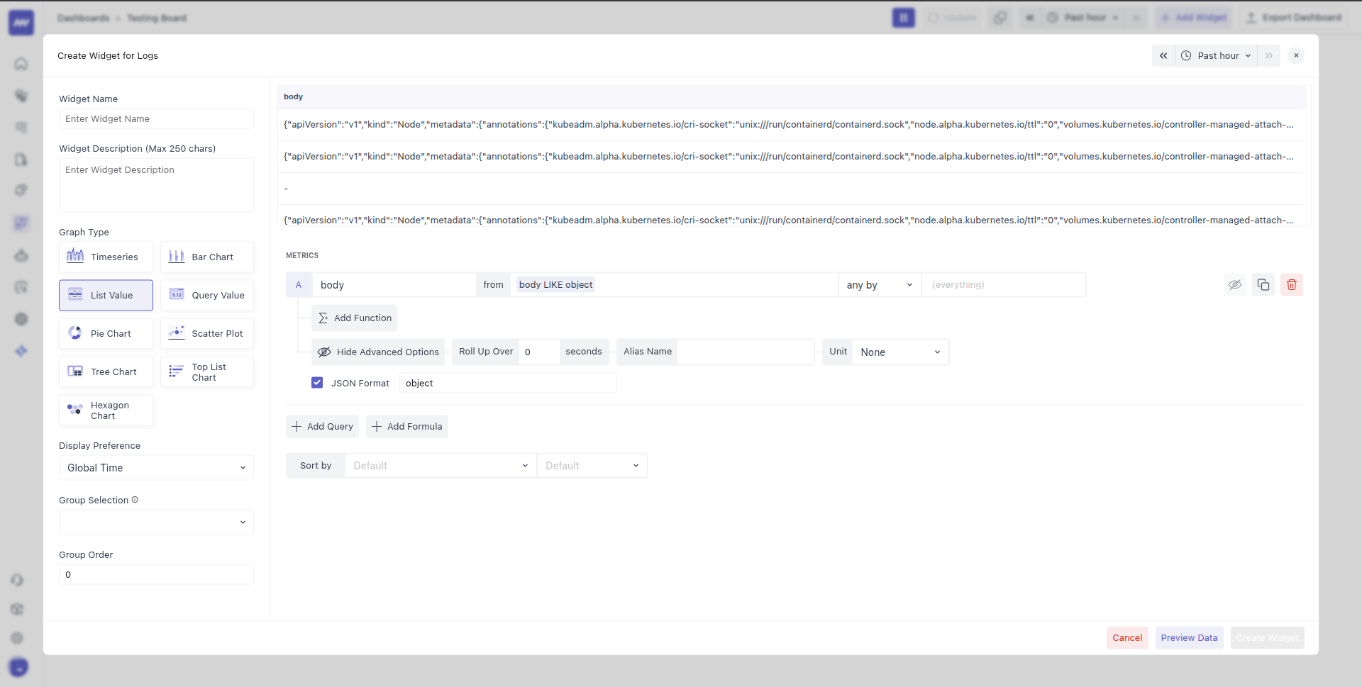 JSON view for editing widget data queries directly.