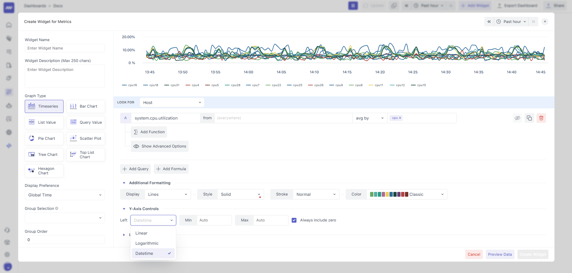 Scale type selection to adjust linear or logarithmic axis scaling.