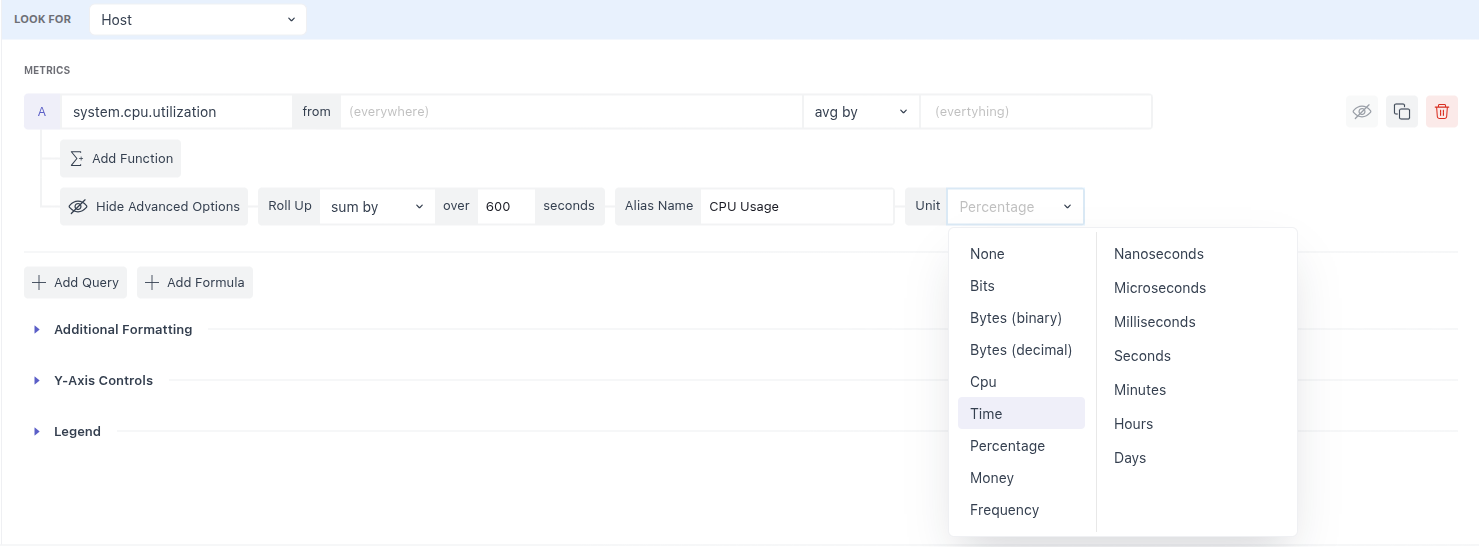 Unit selection for metrics to display appropriate measurement units.