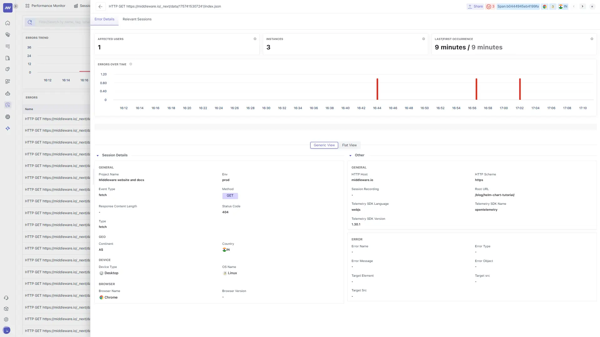 Detailed error panel displaying stack traces, affected components, and session context