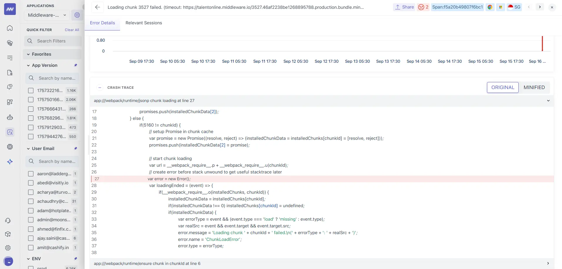 Visualization of the original crash event in Middleware RUM, highlighting the source and context of the error.