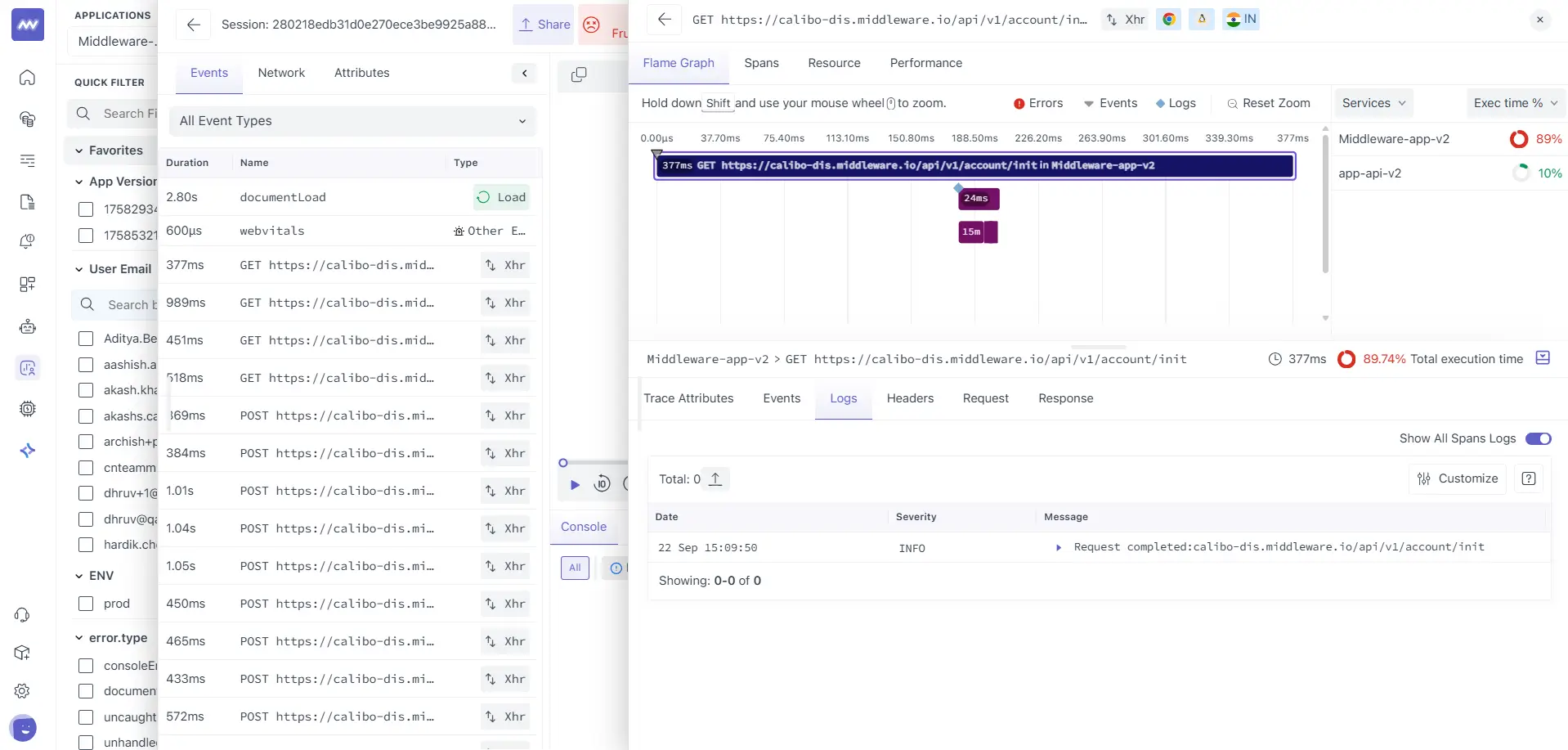 Button/interface to jump from RUM session trace to corresponding backend logs