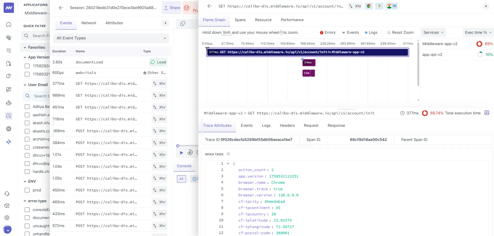 RUM flame graph showing stacked spans across services for a user request