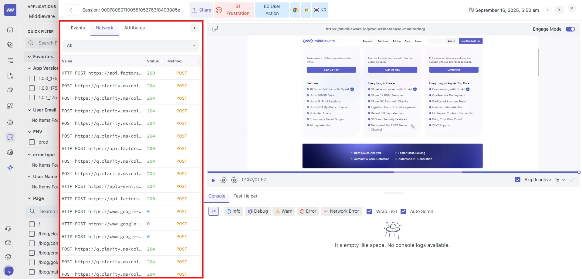 Replay of network activities within a session in the Session Explorer, illustrating user interactions and network requests.