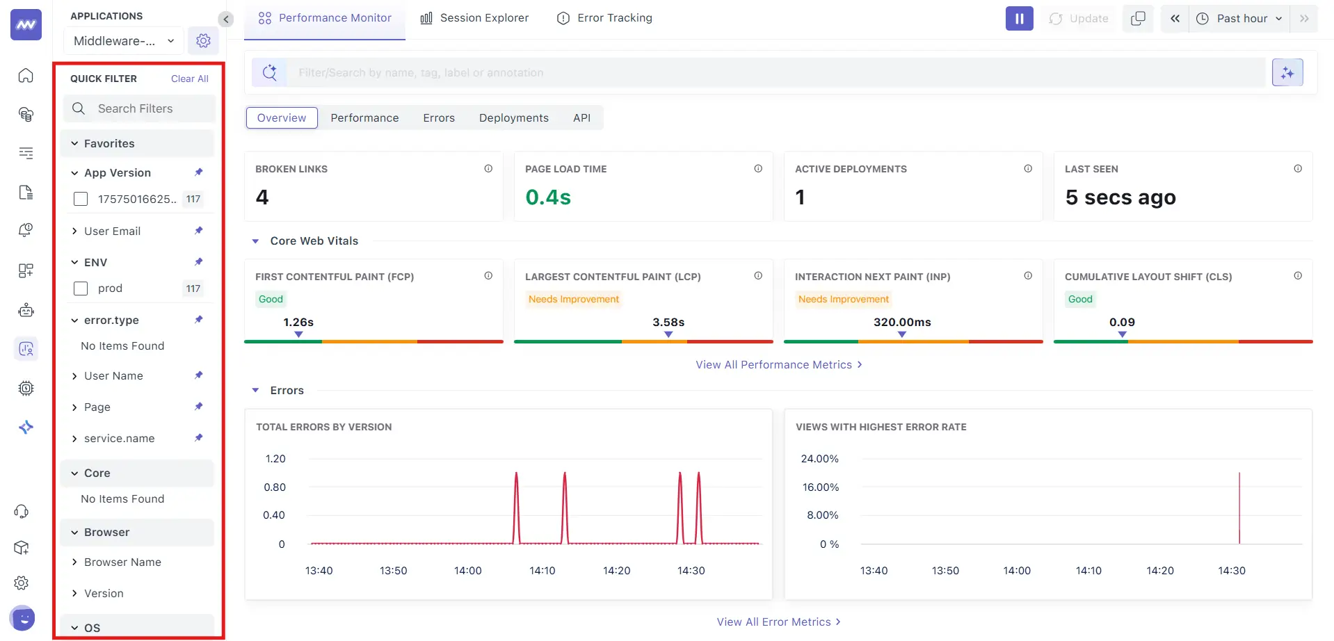 Quick filters for RUM dashboard to narrow performance metrics by common attributes